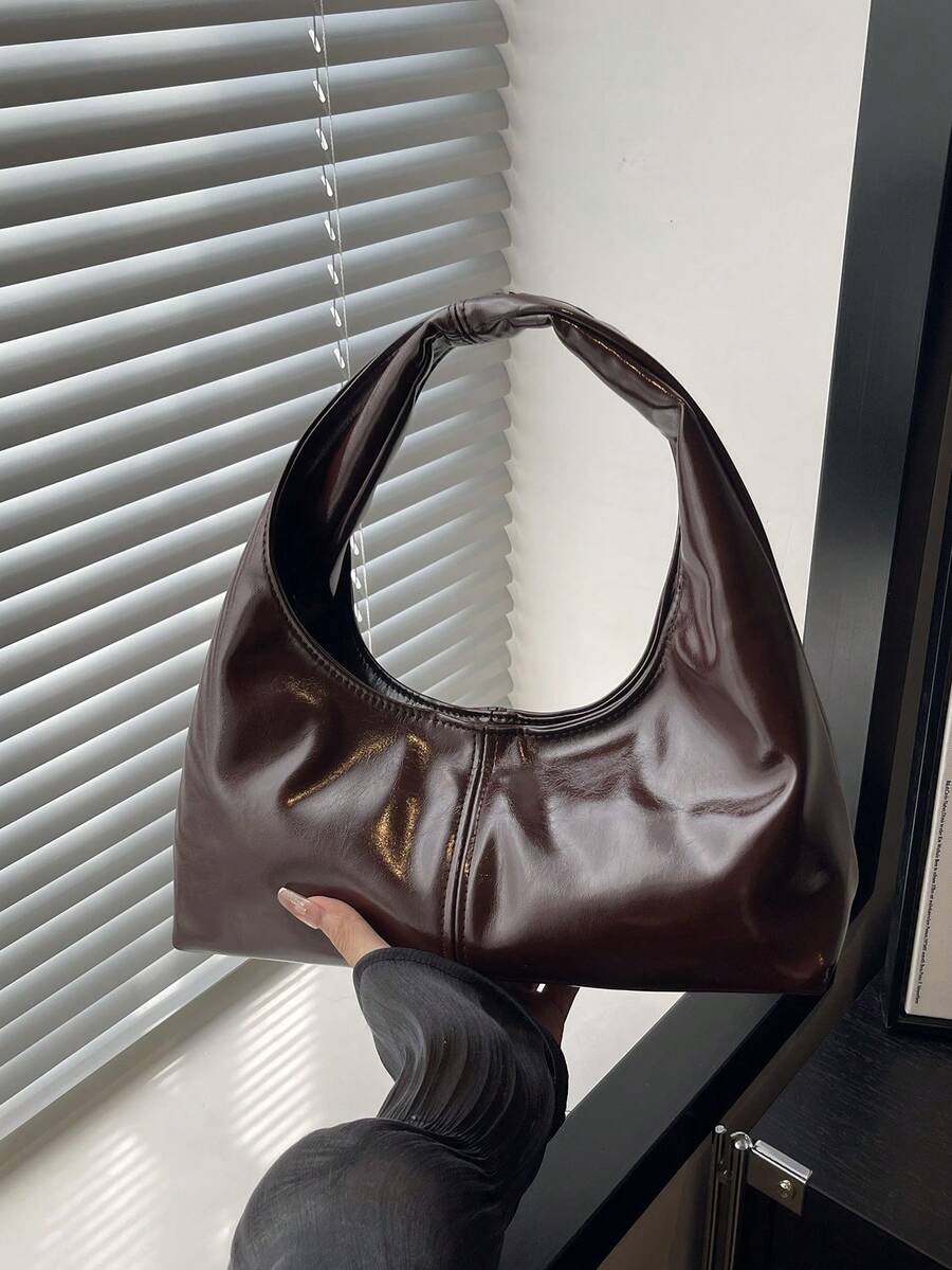 时尚复古褶皱云朵手提包，百搭休闲女士单肩包，新月形 - 咖啡 - 查看 1