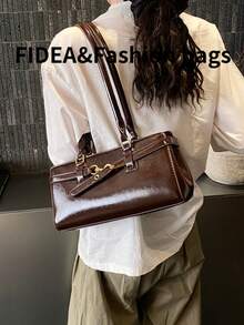 时尚新款女士单肩腋下法棍包，简约复古纯色漆皮肩带装饰，高品质百搭包款，适合外出、购物、约会等各种场合。 - 咖啡 - 查看 6