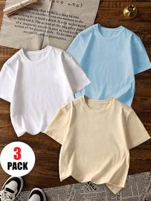 3件套男童休闲印花圆领短袖T恤，夏季学生青少年服装 - 多种颜色可选。穿上我们舒适时尚的儿童T恤，探索世界！ - 淺藍色 - 查看 3