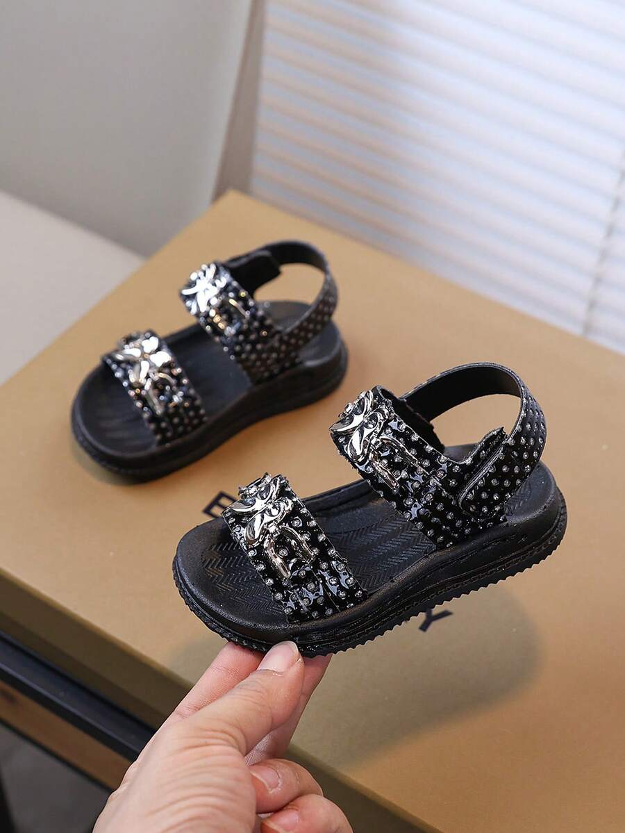 2025 Summer New Metal Flower & Rhinestone Sandals For Girls, Hook And Loop Soft Non-Slip Breathable Beach Shoes, Toddler & Little Kids Casual Shoes - Black - View 1