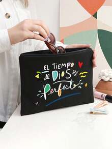 印花帆布手提袋，饰有“El-Tiempo”彩色图案，便携休闲收纳手提包，多功能购物袋，简约旅行收纳袋，大容量旅行化妆包，全新设计，空间宽敞，是购物、婚礼、生日、海滩、度假、返校的理想之选。 - 彩色 - 查看 8