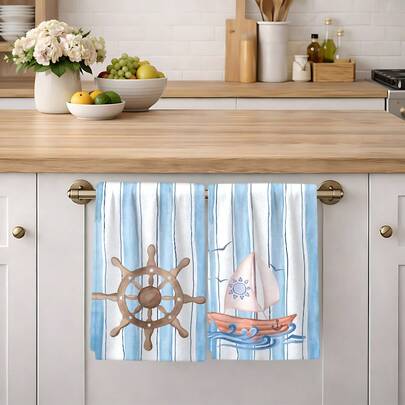 2/4 Pcs Dish Towel Set, Sailboat & Rudder Pattern Printed Super Absorbent Microfiber Cloth, Cooking & Baking Tea Towel, Dishcloth, Cleaning Towel, Hand Towel, Soft & Highly Absorbent, Kitchen Decor, Gift For Neighbor, Mom, Birthday, Housewarming, Kitchen Essentials, Daily Necessities
