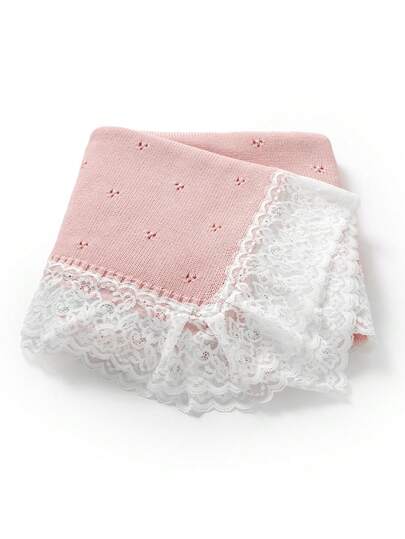 1pc Casual Minimalist Fashion Baby Knitted Blanket, Sweet Lace Patchwork Children's Cozy Throw Blanket, Suitable For All Seasons