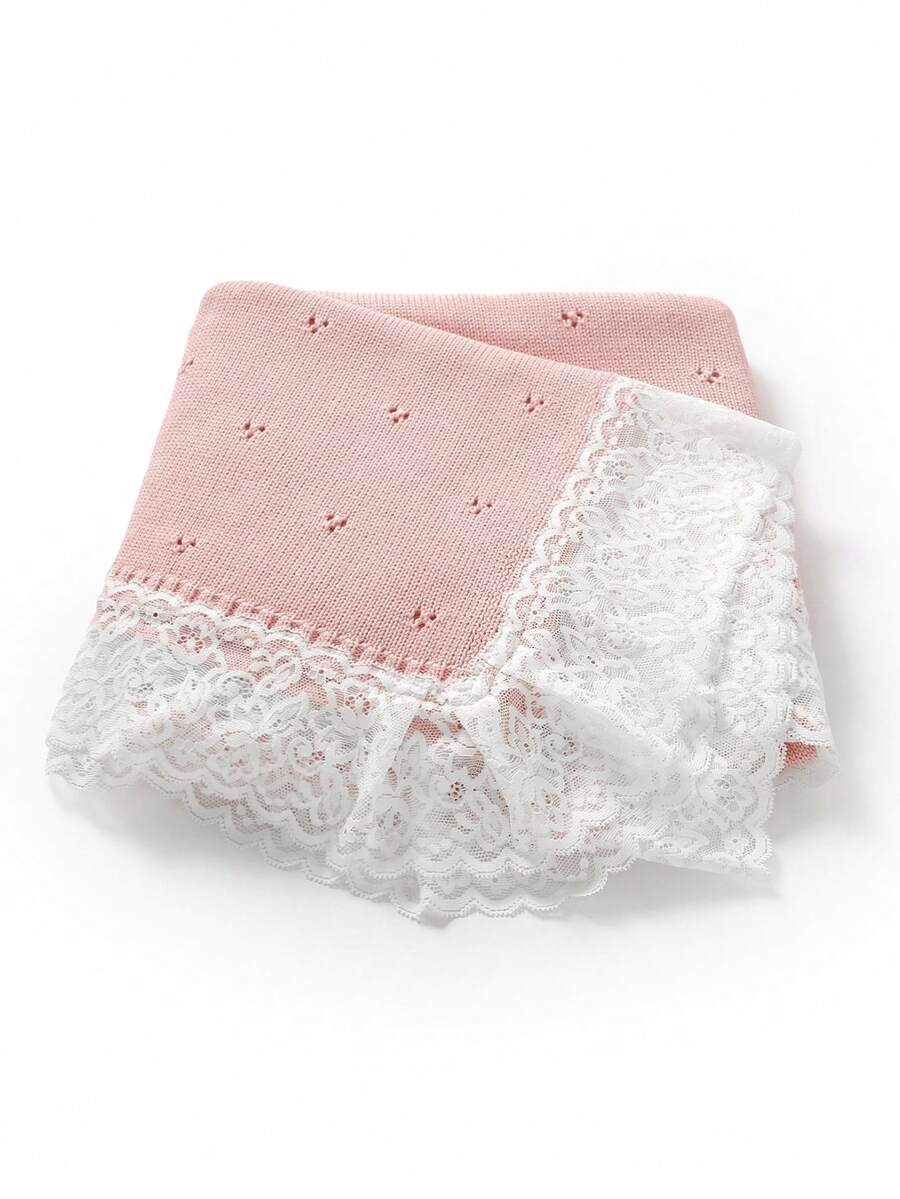 1pc Casual Minimalist Fashion Baby Knitted Blanket, Sweet Lace Patchwork Children's Cozy Throw Blanket, Suitable For All Seasons - Pink - View 1