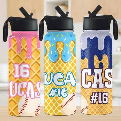 Custom Baseball Insulated Water Bottle With Name For School, 18oz Gradient Color Stainless Steel Cup With Straw, Personalized Leakproof Sports Bottle Gift For Men Women Back To School Gift