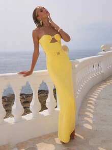 Women's Yellow Elegant Strapless Ruched Bodycon Maxi Dress, 2026 New Spring Summer Sexy Cutout Gold Hardware Detail Gown, Luxury Vacation Party Outfit For Wedding Guest, Holiday, Graduation, Beach & Going Out Occasions - Yellow - View 10