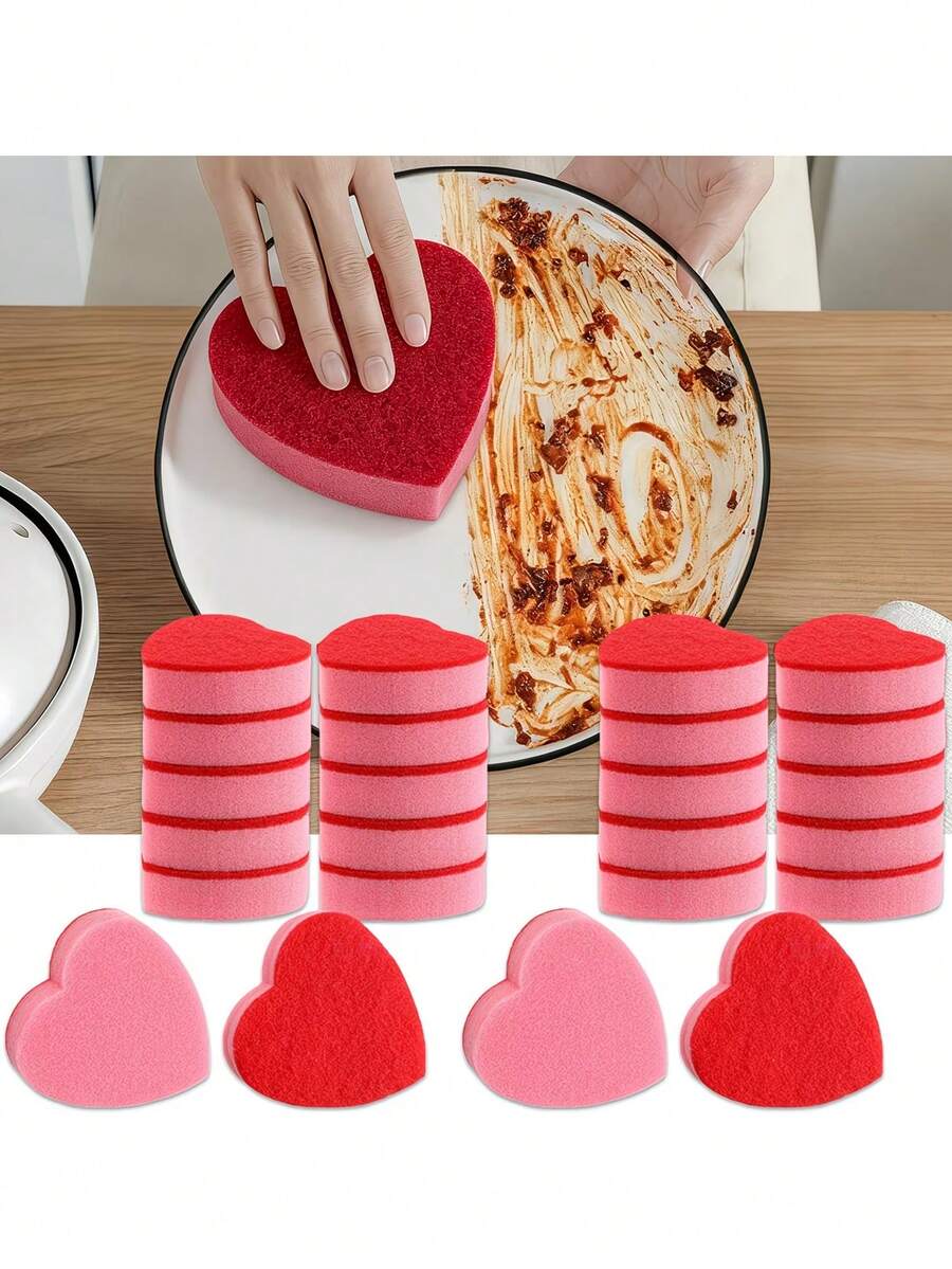 5/10块装不刮伤洗碗海绵，耐用双面厨房海绵，双层擦洗设计，不刮伤粉白心形叠放式，适用于洗碗、清洁台面等。 - A - 查看 1