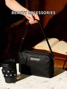 女士时尚纹理单肩包，休闲通勤斜挎拉链手提包 - 黑色 - 查看 4