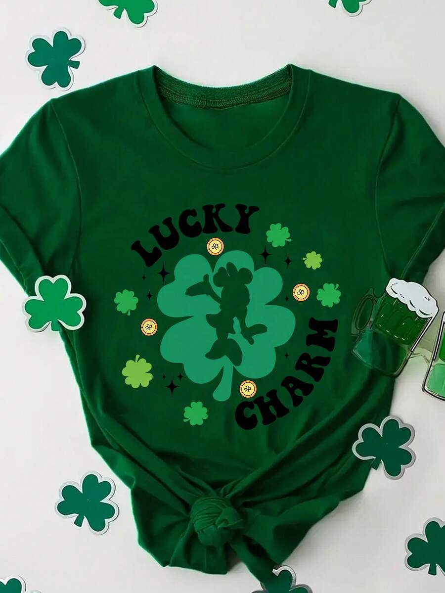 Disney Women's T-Shirt Featuring A St. Patrick's Day-Inspired Disney Minnie Mouse Lettering Cartoon Print. This Spring/Summer Women's Crew Neck Tee Is Crafted From Soft, Comfortable Fabric. A Stylish Disney Women's Graphic Tee Perfect For Everyday Wear, Outings, Travel, And Leisure. Also Makes An Exquisite Gift. - Green - View 1