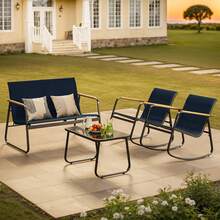 4-Piece Outdoor Patio Furniture Set, All Weather-Resistant Textile Fabric Outdoor Conversation Set With Coffee Table, Patio Rocking Chairs For Lawn, Balcony, Poolside,Outdoor Furniture - Màu xanh lam - Xem 11