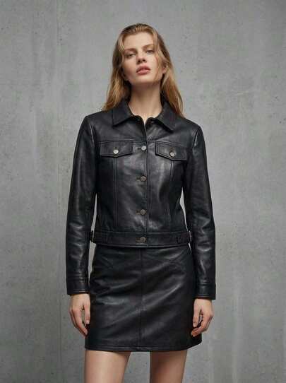 Naf Naf Short Black Faux Leather Jacket Vestes Black Coated Fabric