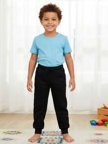 Children's Fleece-Lined Sweatpants, Winter Style, Ages 4-14, Boys And Girls, Comfortable And Thermal, For Back To School. - 黑色 - 查看 3