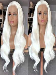 白色假发，自然波浪卷，蕾丝合成纤维前蕾丝假发，无需胶水，即戴即用，长款白色假发，女士无胶蕾丝假发 - 彩色 - 查看 5