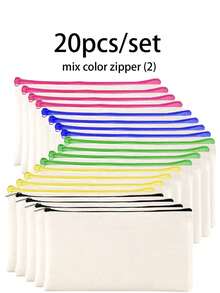 50/20/10/5件套空白帆布铅笔盒化妆包，带彩色拉链，DIY刺绣绘画升华空白帆布袋，学校用品拉链袋，创意派对绘画礼品袋，适用于生日、节日、母亲节、情人节、复活节、开斋节、宰牲节，可重复使用糖果袋，旅行收纳袋 - 米色 - 查看 27