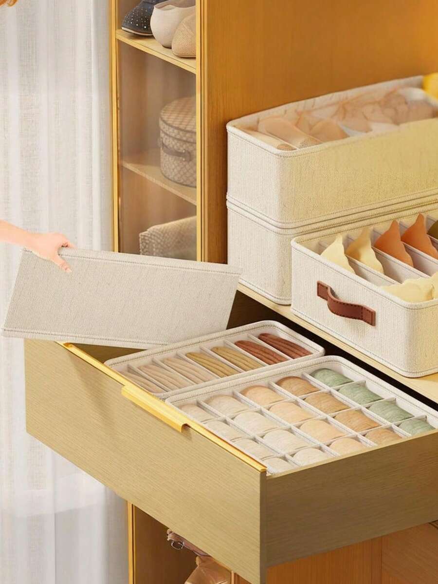 卧室抽屉收纳盒，带分隔板，多功能衣柜内衣收纳盒，卧室收纳盒，适用于白色T恤、黑色裤子、女士冬装、连衣裙、女士冬季套装、优雅女士连衣裙 - 米 - 查看 1