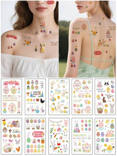 10pcs Easter Temporary Tattoos, Egg & Bunny Temporary Tattoos, Face & Body Stickers, Suitable For Easter Holiday Party Decorations