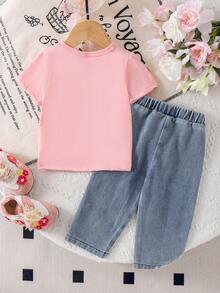 2pcs Baby Girl Casual Fashion 3D Bow Pink Short Sleeve T-Shirt Top And Bow Denim Long Pants Set - Pink - View 2