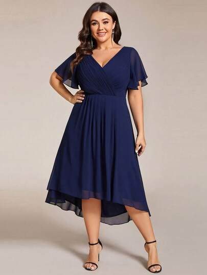 EVERPRETTY Plus Size Elegant Chiffon V-Neck Pleated Front Navy Blue Bridesmaid Dress, Soft High-Low Ruffle Hem Suitable For Wedding, Formal Evening Events
