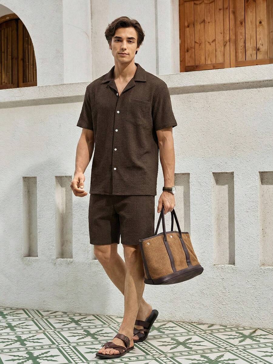 Mercer Haus Bộ 2 món thời trang phong cách Châu Âu, áo sơ mi tay ngắn dáng rộng và quần dài, thích hợp làm quà tặng cho chồng/bạn trai, lý tưởng cho kỳ nghỉ hè ở vùng nhiệt đới Hawaii. - Cà phê nâu - Xem 1