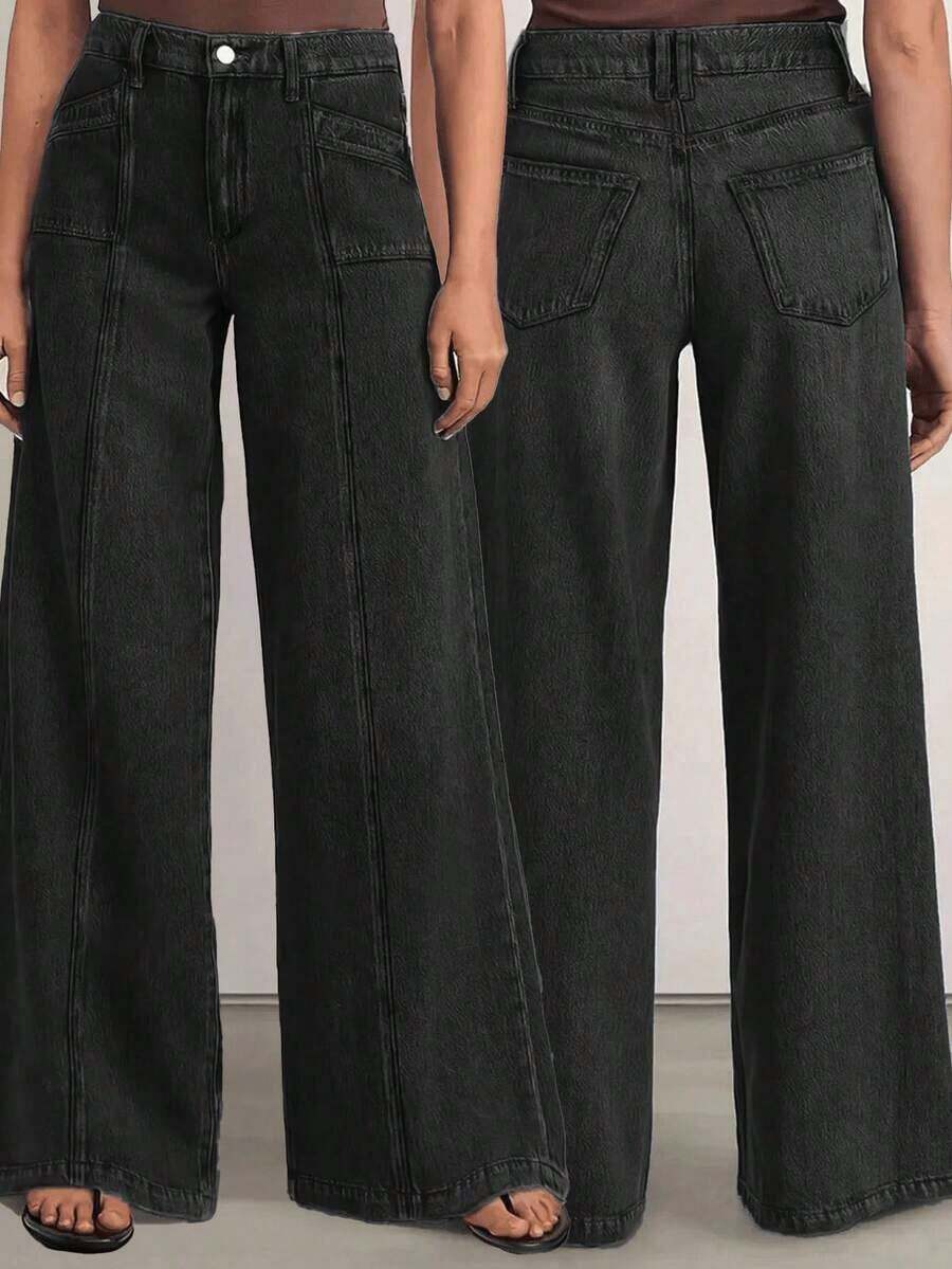New Fashion Women Loose Fit Elastic Waist Wide Leg Jeans, High Quality Casual Clothing - 黑色 - 查看 1