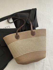 大容量度假沙滩包，女士编织手提包，时尚草编单肩包 - 米色 - 查看 5