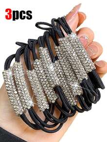 20/10/3pcs Women's Ponytail Rhinestone Hair Tie, Light Luxury Versatile Rubber Band, Reusable High Elasticity Women's Hair Rope, Suitable For Daily Dressing, Travel, Beach, Holiday Gift Giving Hair Rubber Bands Scrunchies Elastic Hair Tie - Black - View 7