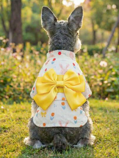 PETCIRCLE 1pc Pet Dog Clothes, Outdoor & Indoor Apparel, European & Korean Style For Poodle, Teddy, Small Dog & Puppy, Casual Cute Comfortable Yukata With Yellow Bow Tie