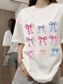 Teenage Girls' Bow Print Short Sleeve T-Shirt, Teenage Girls' Summer Round Neck Top - White - View 1