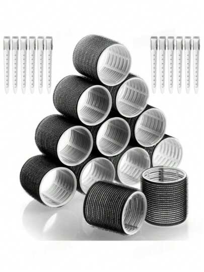 12件套超大号卷发器，包含6个自粘式大卷发棒和6个不锈钢夹子，适用于长发、中长发、短发、厚发、薄发、刘海等各种发质，打造蓬松效果，是理想的美发配饰和造型工具。