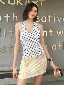 Áo tank top nữ Kliou Knot kiểu yếm hở lưng, chất liệu polyester chấm bi, dáng suông, độ co giãn vừa phải, thích hợp cho kỳ nghỉ hè, kiểu dáng thường ngày. - trắng - Xem 5