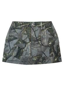 NVFelix 女士休闲迷彩短款修身半身裙，带拉链细节，无弹力面料，适合度假穿着 - 灰色 - 查看 6