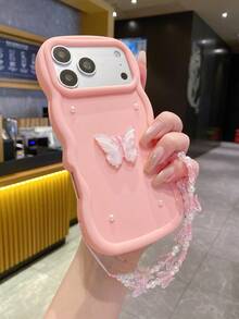 不对称仿珍珠蝴蝶DIY，蝴蝶手链，粉色马卡龙防震手机壳，兼容 17、16、15、14、13和S26、S25、S24，荣耀400Lite、200Pro，荣耀A5，X9、X8、X6、9X，Smart 6/7/8/9/10，14T，15T Pro - 粉色 - 查看 6
