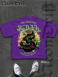 NeonDrift  Double-Sided Printing  Men's T-Shirt Men's Short-Sleeve T-Shirt100% Cotton Fabric Soft & Skin-Friendly Unisex Style Gifts For Spring Festival, Valentine's Day, St. Patrick's Day & World Cup-Van Dutch Dragon Print Men T Shirt Classic Americana Style Graphic Tee Streetwear Fashion Casual Wear For Car Enthusiasts And Vintage Culture Lovers - 紫色 - 查看 3