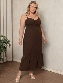 Plus Size Women's Long Plain Strappy Dress For Summer, Lightweight, Comfortable With Built-In Bra And Front Buttons - 鏽棕色 - 查看 7