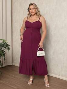 Plus Size Women's Long Plain Strappy Dress For Summer, Lightweight, Comfortable With Built-In Bra And Front Buttons - 酒紅色 - 查看 6