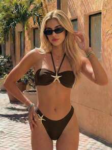 女士优雅性感夏季度假风白色吊带Y2K比基尼套装，饰有金色星星图案，是海滩约会、派对、春季海滨度假和海滩娱乐的完美之选。浪漫、时尚、独特的设计。 - 咖啡棕 - 查看 1