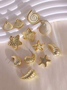 2-12pcs Fashionable New Starfish, Seashell, Shell Gold-Color ABS Plastic Earring Set, Suitable For Summer Travel And Vacation Wear - Gold - View 4