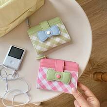 2026 New Arrival Cute Bow Decor Wallet Women Short Slim 2-In-1 Card Holder & Coin Purse Fresh Style For Women Wallet Mini Wallet Purse Wallet Small Wallet Cute Wallet Cute Things Money Wallet Travel Essential Summer Checkered - Multicolor - View 1