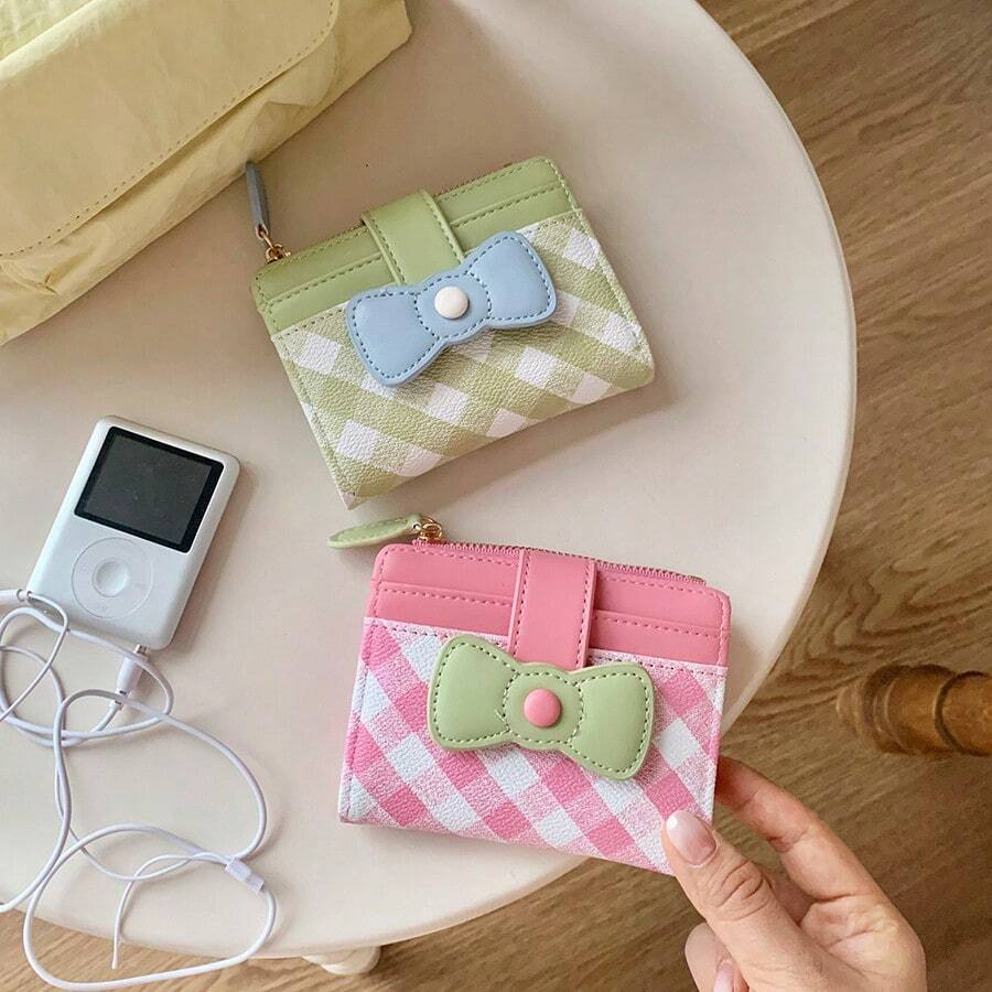 2026 New Arrival Cute Bow Decor Wallet Women Short Slim 2-In-1 Card Holder & Coin Purse Fresh Style For Women Wallet Mini Wallet Purse Wallet Small Wallet Cute Wallet Cute Things Money Wallet Travel Essential Summer Checkered - Multicolor - View 1