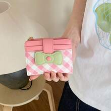 2026 New Arrival Cute Bow Decor Wallet Women Short Slim 2-In-1 Card Holder & Coin Purse Fresh Style For Women Wallet Mini Wallet Purse Wallet Small Wallet Cute Wallet Cute Things Money Wallet Travel Essential Summer Checkered - Multicolor - View 9