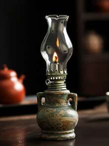 1pc Ceramic Kiln-Fired Glaze Oil Lamp With Handle And Lampshade, Adjustable Wick Camping Fuel Lamp, Indoor Ceramic Oil Lamp Candle Holder, Kerosene Lamp With Wick, Oil Lamp/Hurricane Lamp With Flame Control Knob - 1PC - View 2