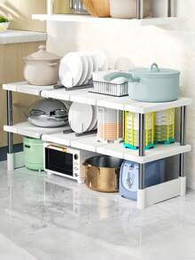 1 pieza Organizador expandible para debajo del fregadero, Estantería multifuncional de 2 niveles para ollas, Estantería de almacenamiento para gabinete de cocina, Accesorios organizadores para el baño - Blanco - Ver 4