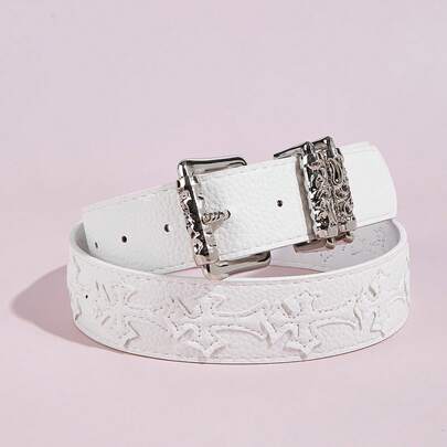 1pc Y2K Style Metal Square Buckle Floral Pattern Black Textured Leather Belt, Suitable For Pairing With Hoodies, Distressed Jeans, Casual Wear, Fashion Style, Outdoor Activities, Parties, Autumn/Winter Outfits, Halloween, Christmas, Valentine's Day, Back To School, Vacation, Graduation Gift, Birthday