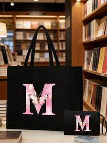 女士大容量手提包，印有粉色蝴蝶和字母A-Z，可折叠耐用，可作购物袋、便携手提包、旅行化妆包、零钱包，适合度假、聚会、购物、工作、通勤等场合，是生日、返校、婚礼、母亲节、复活节的理想礼物，也是春夏必备单品。 - 彩色 - 查看 3