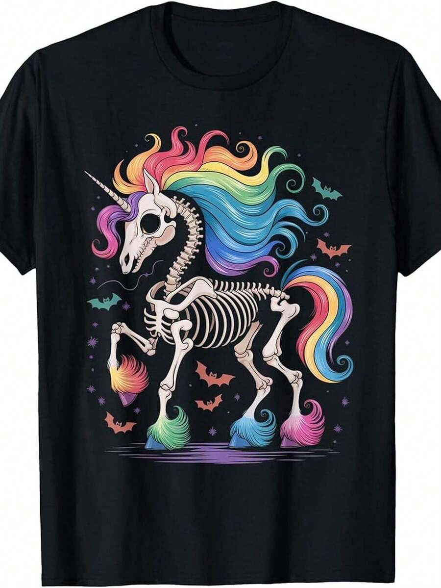 180g Halloween Dabbing Skull Rainbow T-Shirt |   Valentine's Day, Round Neck, College Style, Medium Stretch Fabric, Regular Fit, Suitable For All Seasons - màu đen - Xem 1