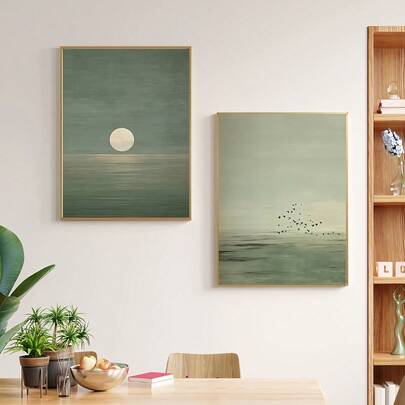 2 Pieces Green Sunset Wall Art Posters Minimalist Style Canvas Pictures Hanging Paintings Home Aesthetic Decor Living Room Bedroom Apartment Decoration No Frame