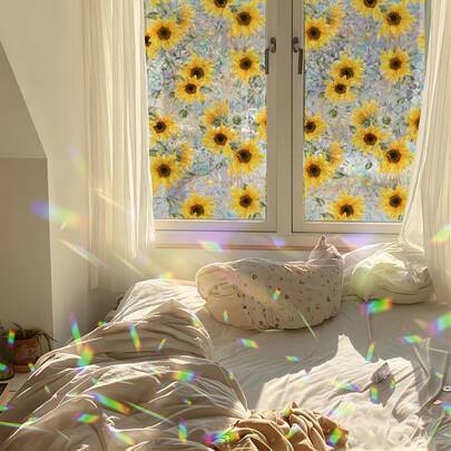 ihomeli Sunflower Sun Static Cling Window Film Print Sticker Cling Stained Glass Window Decor UV Heat Control Glass Privacy Window Film
