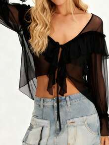 Women's Long Sleeve Blouse Front Tie Bow Casual Loose Fit Stylish Solid Color Sheer Ruffled V Neck Tops for Spring/Summer - Negro - Ver 2