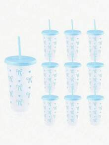 1pc/5pcs/10pcs 24oz Pink & Blue Bow Plastic Cups With Lids And Straws, Reusable, Cute Transparent Plastic Cups, Plastic Cups Suitable For Birthday, Wedding And Party Supplies, Reusable Plastic Cups With Pink Ribbons, Summer Beverage Cups, Suitable For Birthday, Wedding And Party Supplies, Perfect For Parties, Drinking, Coffee, Also Suitable For Mother's Day, Wedding, Birthday, Bachelorette Party Or As A Gift - View 9