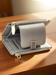 New Women's Snap Closure Short Wallet, Delicate Soft PU Dual-Layer Zipper Coin Purse Card Holder, Minimalist Fashionable Lightweight - Grey - View 1
